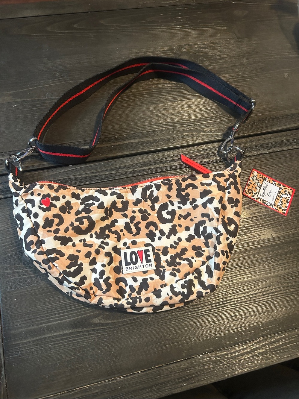 Brighton Leopard Print Love crossbody/ belt bag Bag with Red Accents